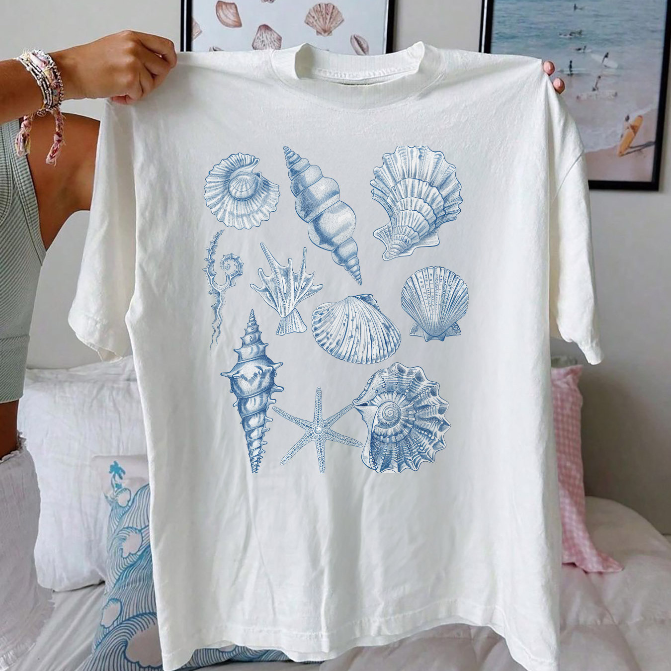 

Seashell Print T-shirt, Short Sleeve Crew Neck Casual Top For Summer & Spring, Women's Clothing