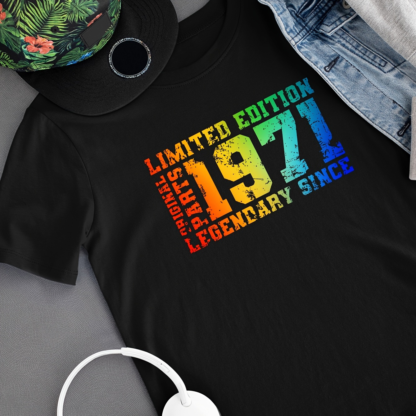 

Creative 1971 Limited Edition Letter With Rainbow Color Letter Style Print, Men's Round Neck Short Sleeve T-shirt, Casual Comfy Lightweight Top For Summer