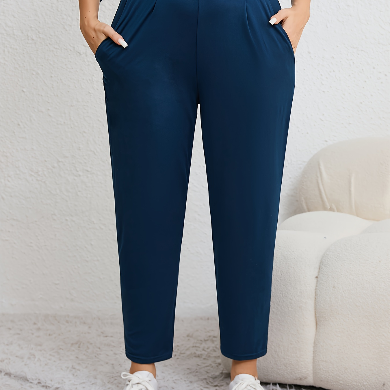 

Women's Plus Size High-elasticity Harem Pants - Slimming Ruched Waist, Solid Color With Pockets, Casual & For All