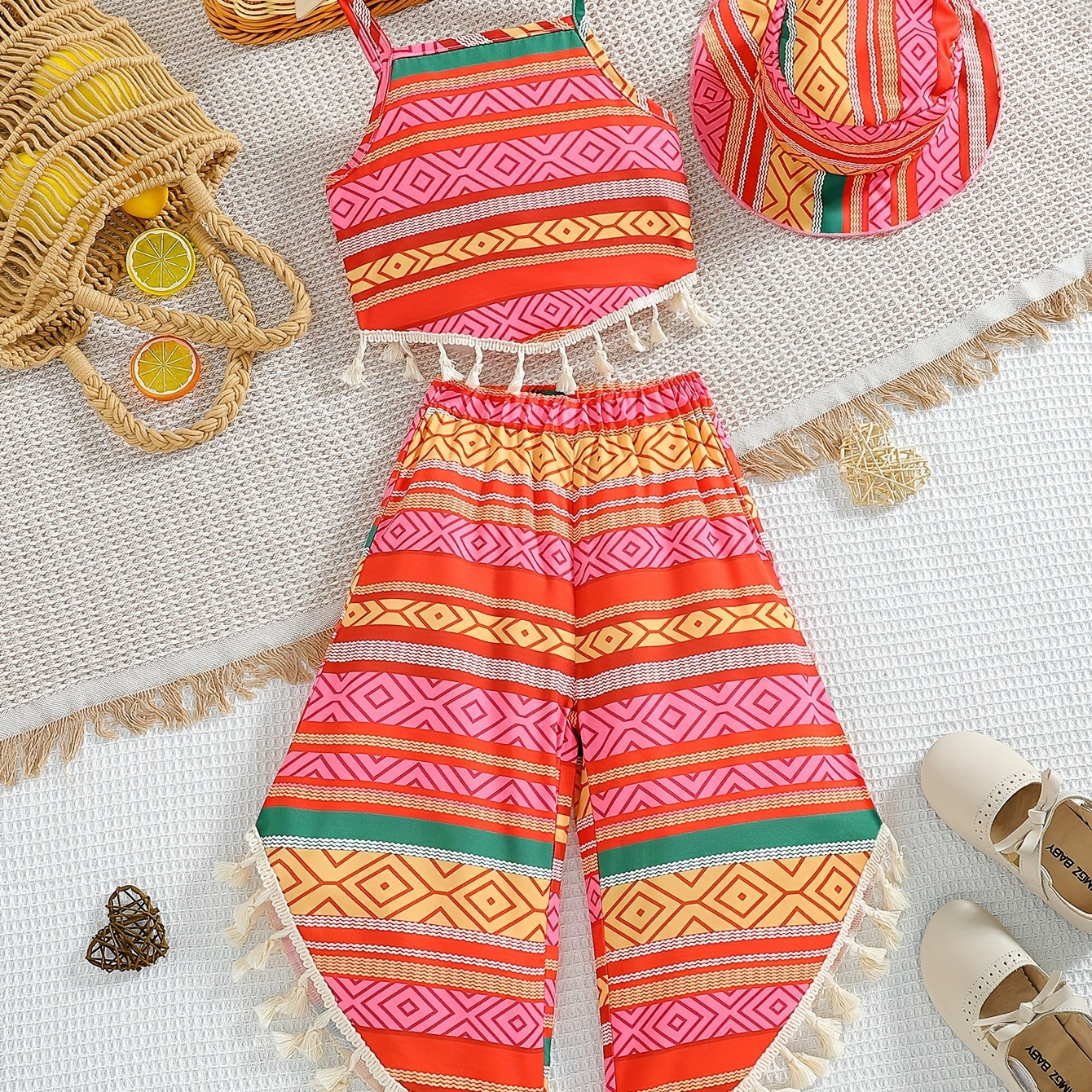 

3pcs/set Girls Ethnic Print Tassel Hem Sling Top + Irregular Cropped Pants Vacation Outfit With Hat