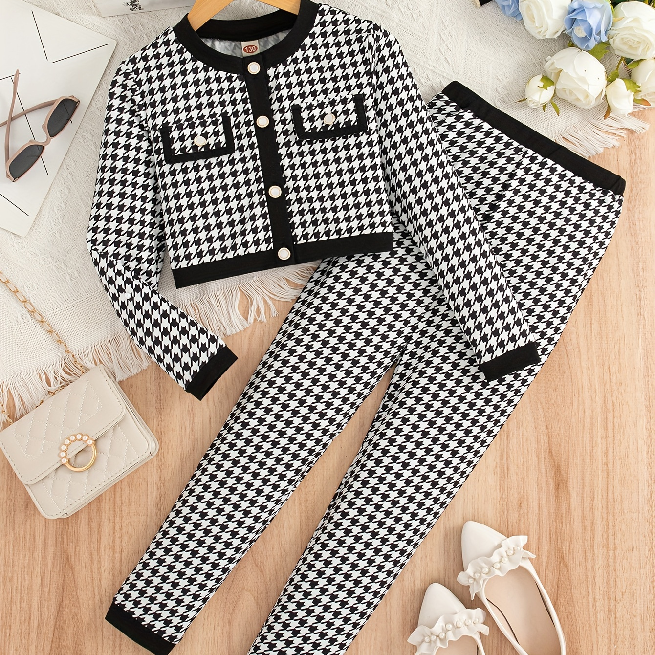 

2-piece Set Girls Houndstooth Pattern Button Long Sleeve Top & Pants Two-piece Set Girls Set For Spring Fall