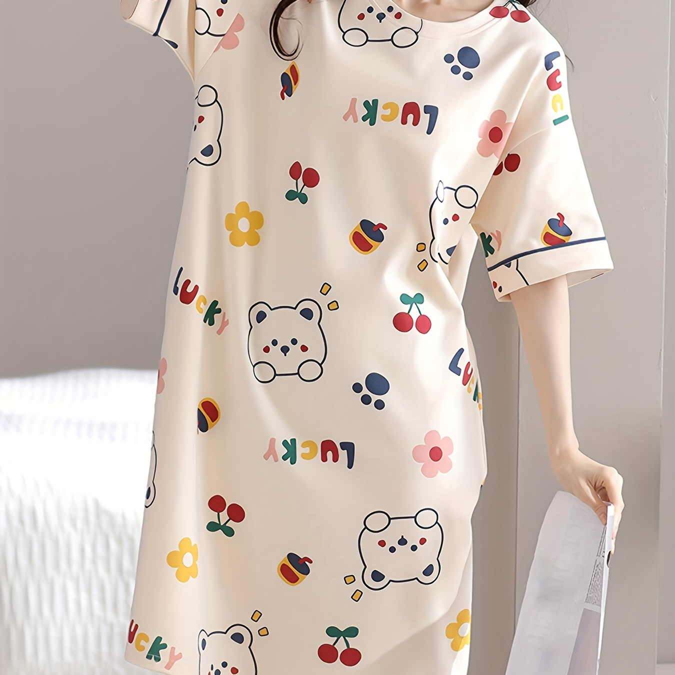 

Women's Allover Cartoon Print Cute Lounge Dress, Short Sleeve Round Neck Loose Fit Tee Dress, Comfortable Nightgown