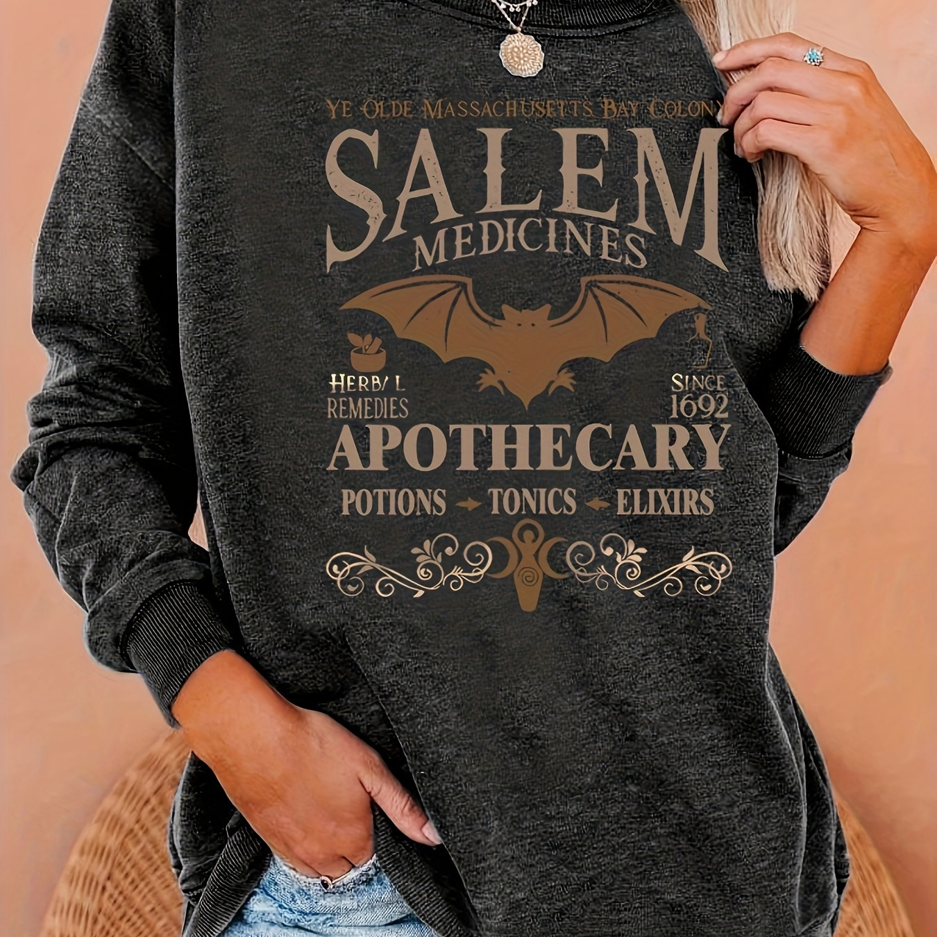 

Sweatshirt de graphique pour femme au col rond et manches longues en polyester tricoté Apothicairerie de Salem