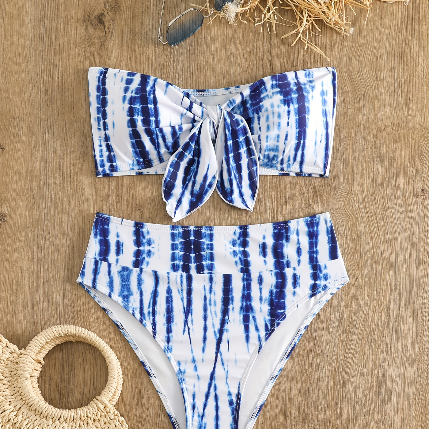 

Knot Front Blue Tie Dye 2 Piece Set Bikini, Bandeau Stretchy High Waist Swimsuits, Women's Swimwear & Clothing