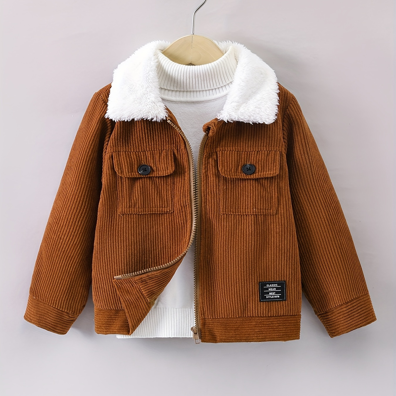 

Boys Casual Corduroy Non Stretch Stand Collar Fleece Button Down Jacket, Kids Clothes For Fall Winter