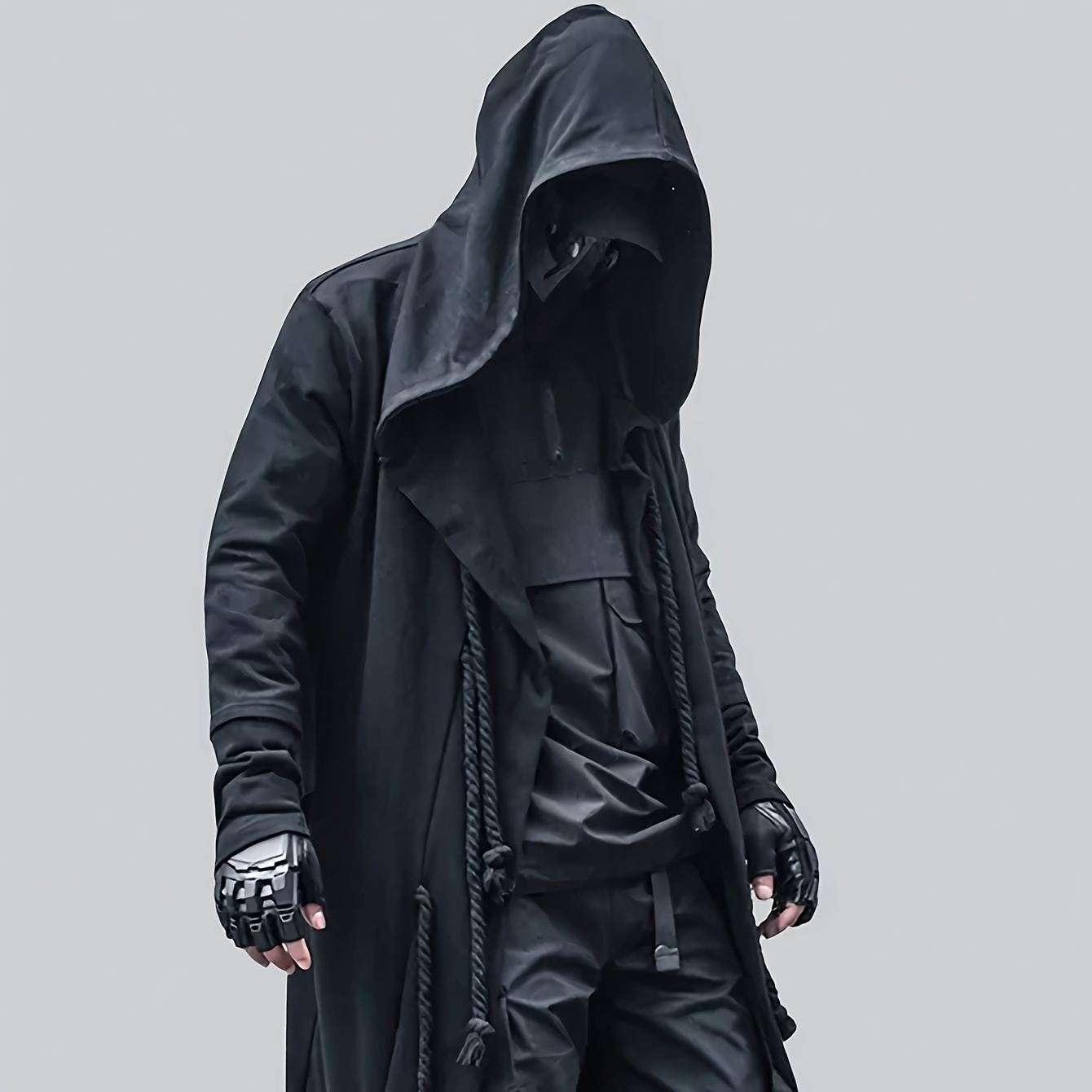 

Men' Style Casual Black Hooded Cape Coat - Lightweight, Breathable Polyester With Decorative Rope Detail, Loose Fit Long Cardigan For Casual Attire