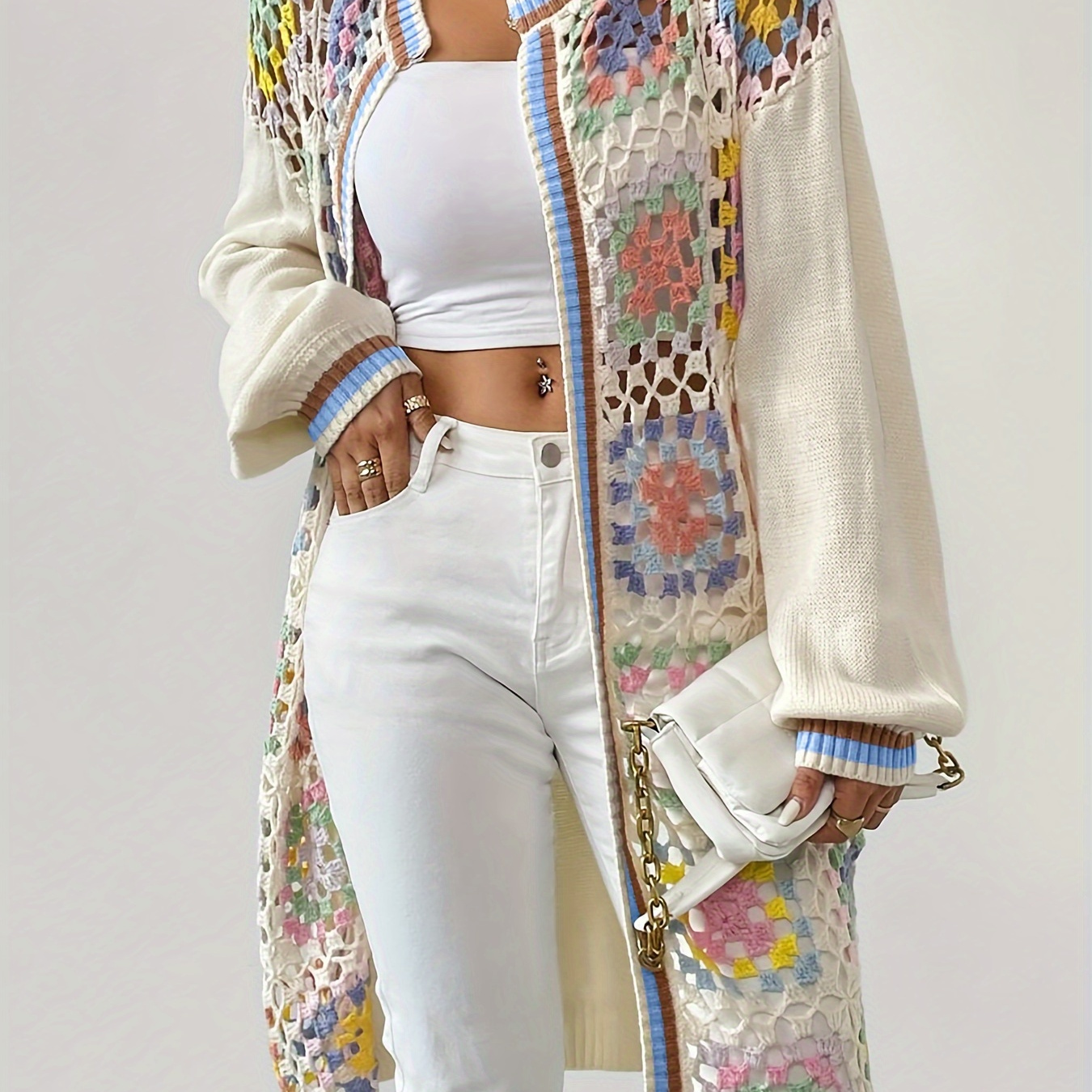 

Colorful Crochet Open Front Cardigan, Versatile Drop Shoulder Long Sleeve Mid-length Cardigan For Spring & Fall, Women's Clothing