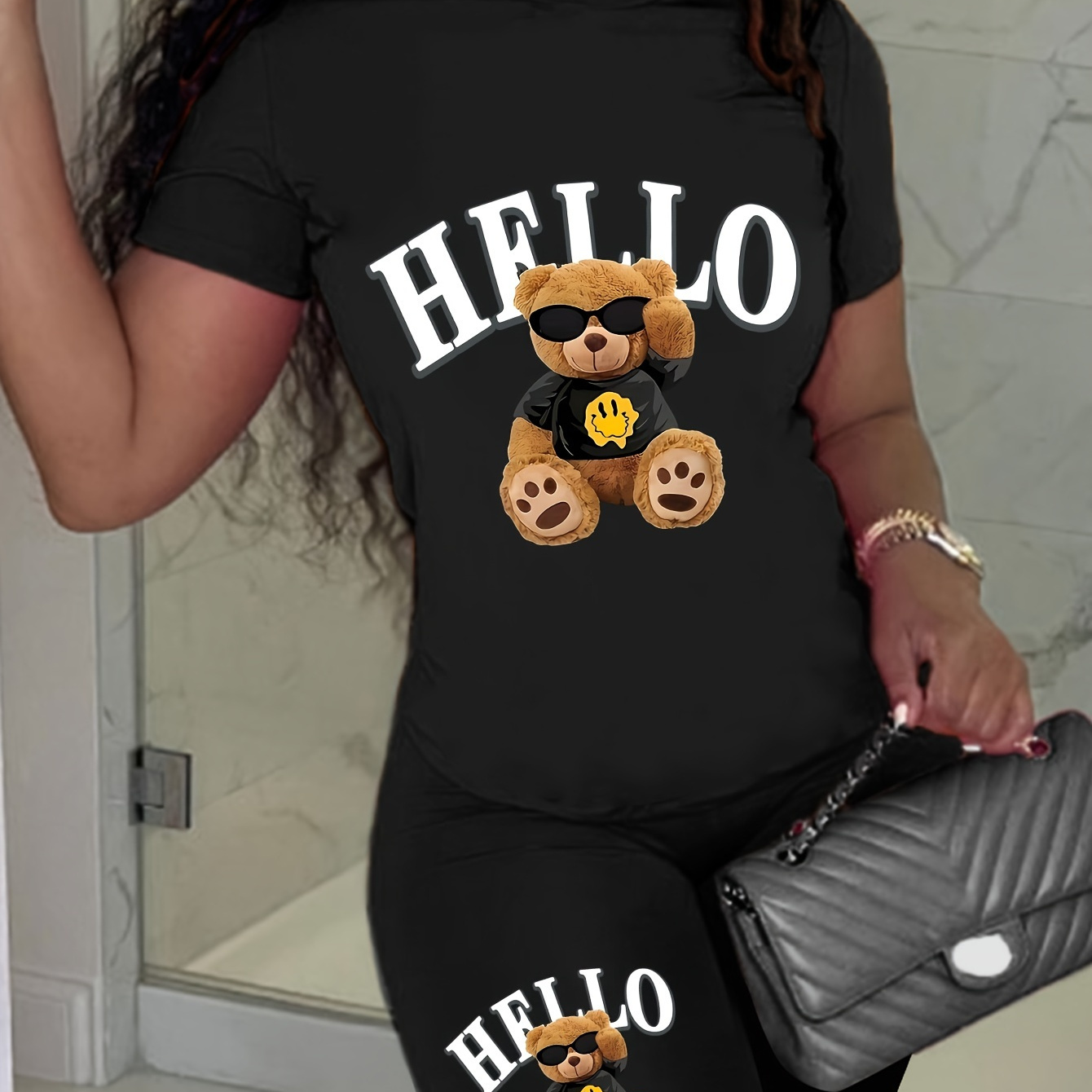 

Bear Print Two-piece, Short Sleeve Crew Neck T-shirt & Biker Shorts Outfits, Women's Clothing