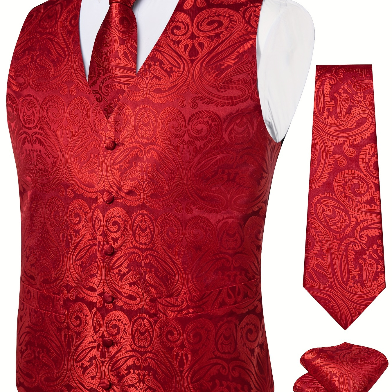 Plus Size Mens Flora Graphic Jacquard V Neck Vest Suit, Waistcoat Necktie Pocket Square Set, Hanky Cufflinks Set For Wedding Suit Set