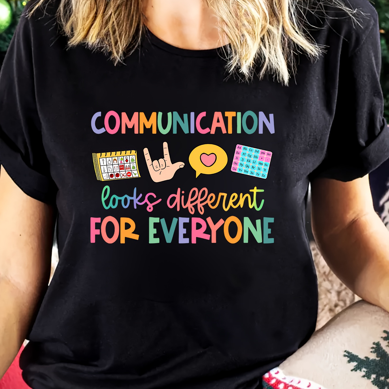 

Inspirational Quote , Communication , Casual Loose Fit, Short Sleeve Top With Letters & Icons Design