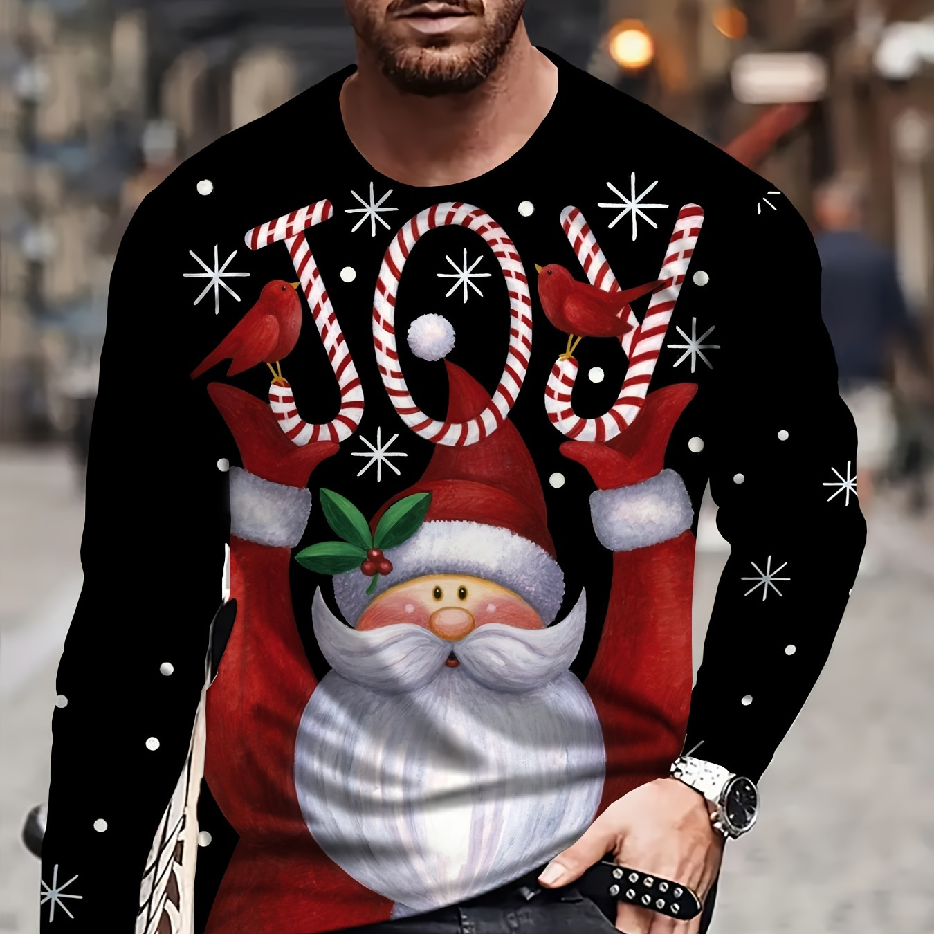 

Men's Christmas Graphic Tee, Casual Crew Neck Long Sleeve T-shirt With Santa Print, Soft Breathable Polyester , Novelty Warm Top For Home & Outdoor Activities