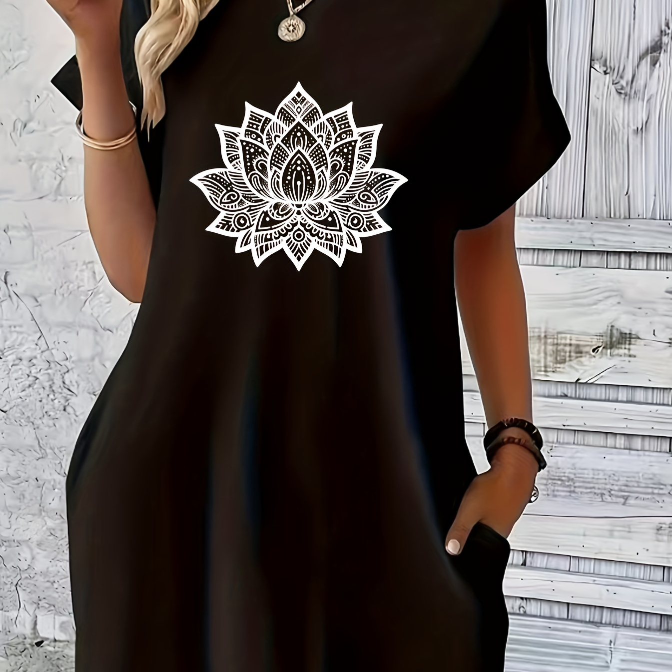 

Lotus Print Tee Dress, Short Sleeve Crew Neck Casual Dress For Summer & Spring, Women's Clothing