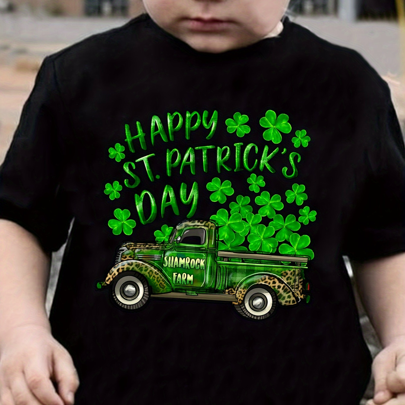 

St. Patrick's Day Clover Truck Print Boys T-shirt, Trendy Versatile & Comfortable Short Sleeve Tee For Toddler Kids, As Gift