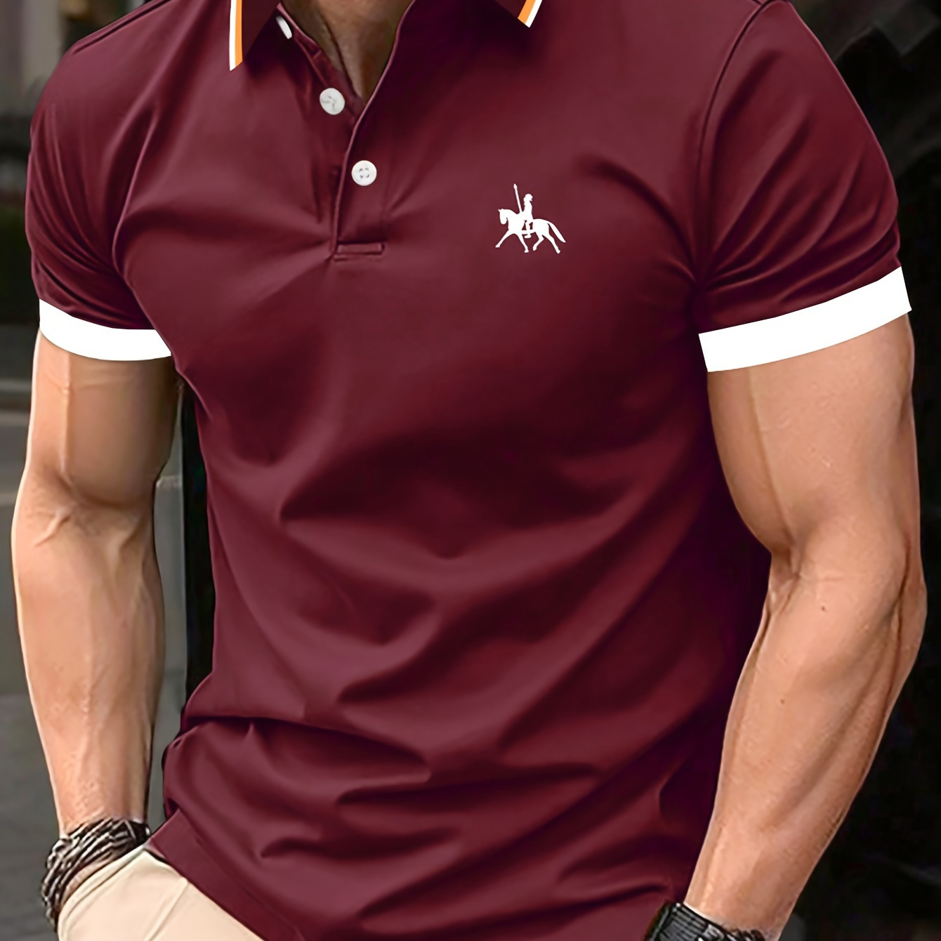 

Men's Contrast Collar Trim Design Short Sleeve Lapel Golf Shirts, Casual Style Slight Stretch Regular Fit Summer Tops, Summer Golf Shirts