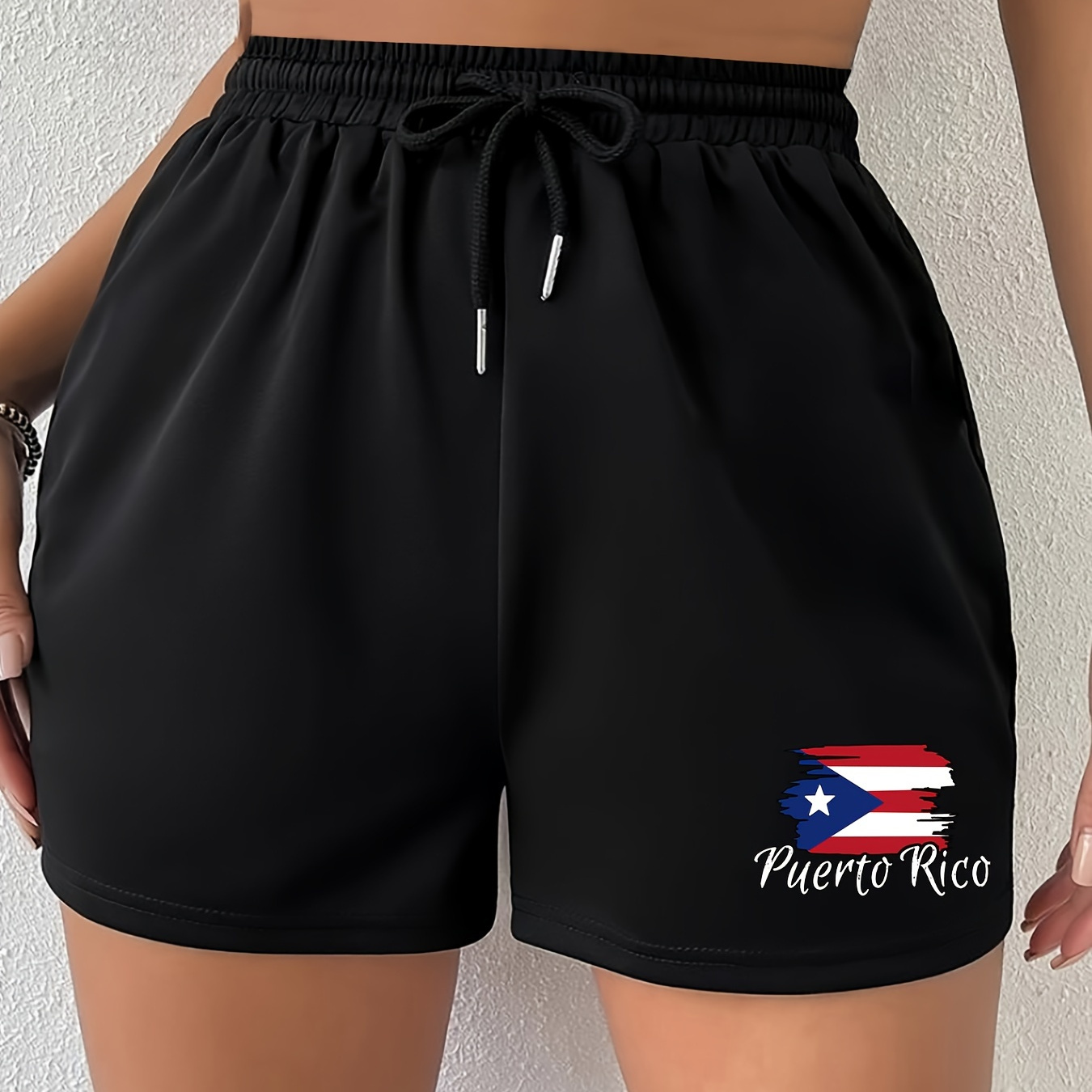 

Women's Casual Athletic Shorts With Puerto Rico Flag Print, Elastic Waist, Drawstring, Summer Loungewear, Independence Day Inspired Design