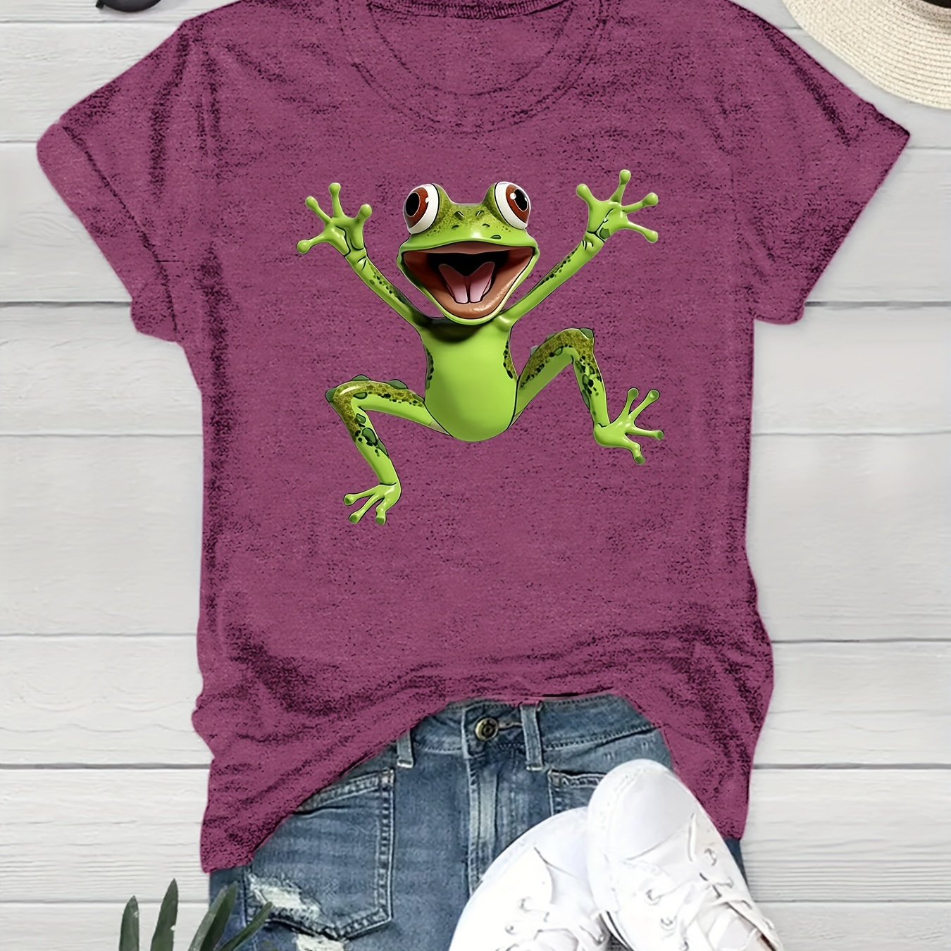 

Frog Print Crew Neck T-shirt, Casual Short Sleeve Top For Spring & Summer, Women's Clothing