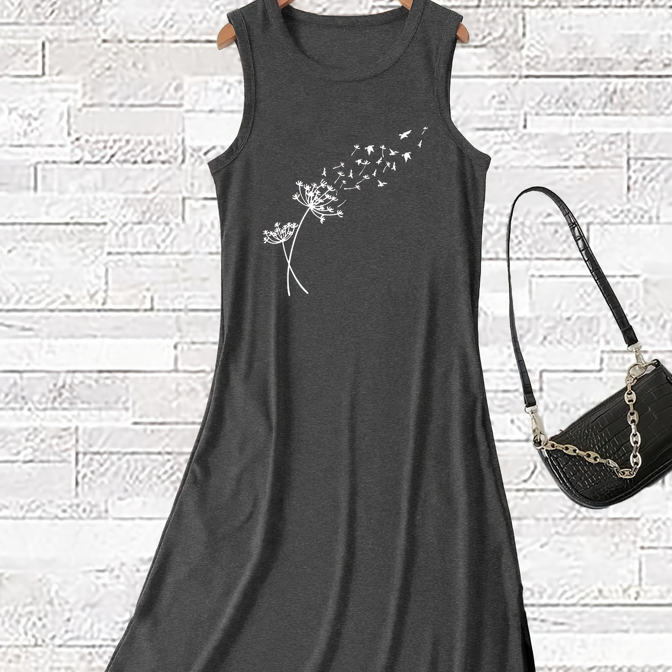

Dandelion Print Sleeveless Tee Dress, Casual Tank Dress For Spring & Summer, Women's Clothing