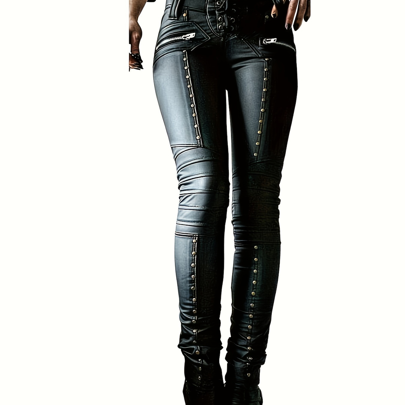 

Women's Leather Leggings Gothic Punk Skinny Pu Leather Pants Mid Rise Novelty Studded Tight Pants