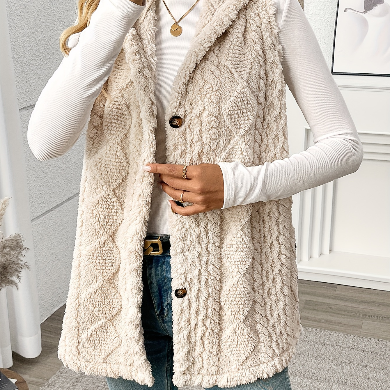 

Women's Elegant Solid Color Textured Hooded Sleeveless Plush Vest Coat, Autumn And Winter