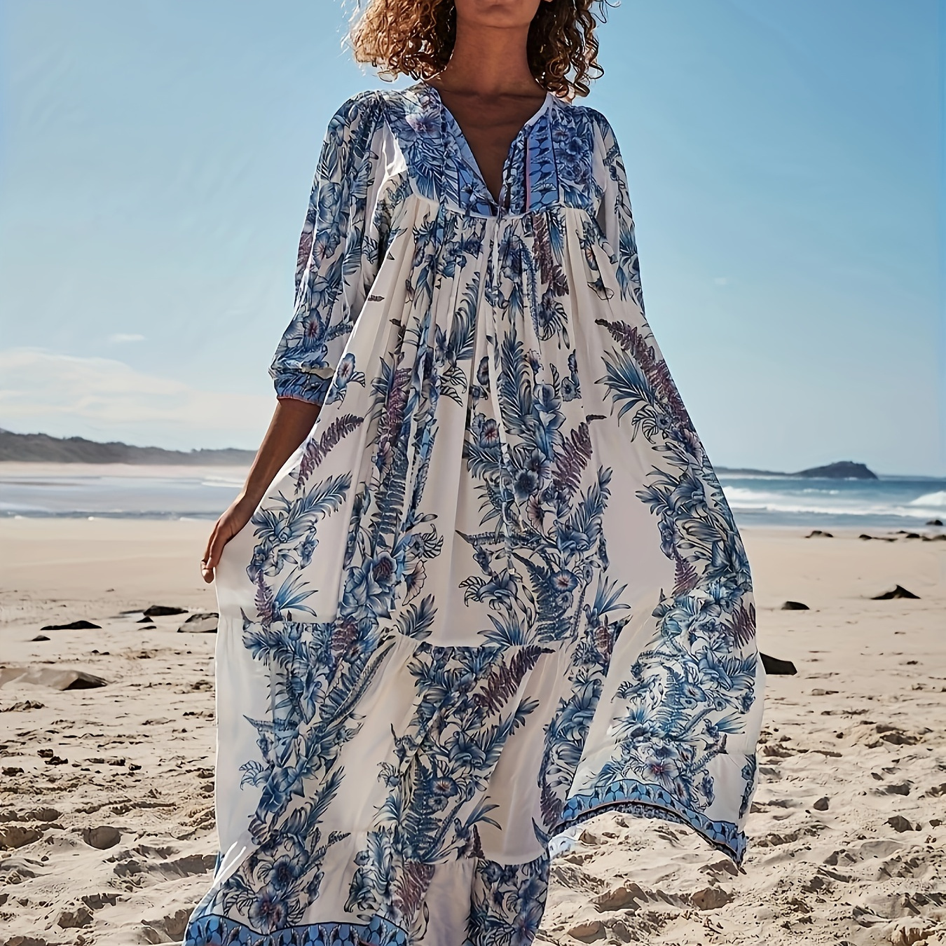 

Plus Size Floral Print Ruched Loose Dress, Vacation V Neck 3/4 Sleeve Dress For Spring & Fall, Women's Plus Size Clothing