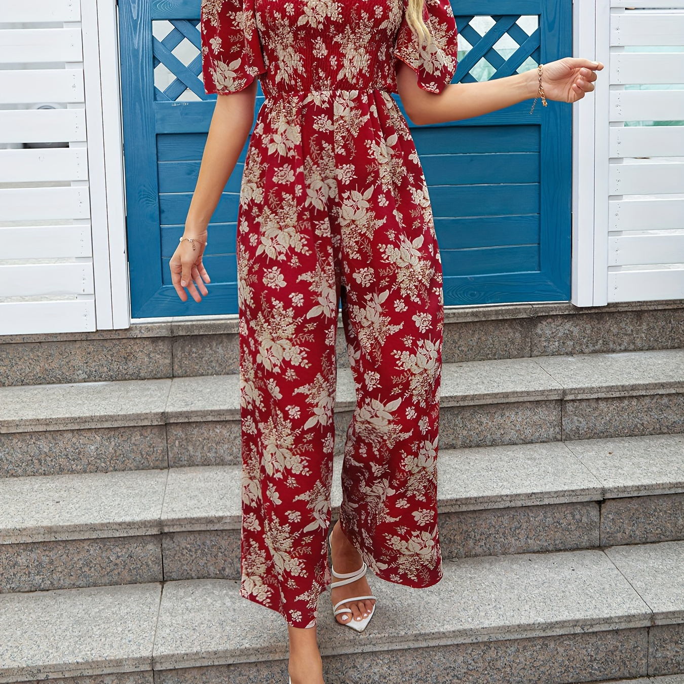 

Floral Print Off Shoulder Jumpsuit, Elegant Backless Short Sleeve Shirred High Waist Ruffle Trim Wide Leg Jumpsuit, Women's Clothing