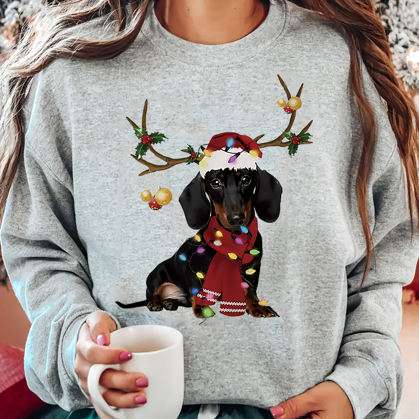 

Christmas Dachshund Sweatshirt For Women - Casual Long Sleeve Polyester Hoodie With Holiday Design, Knit Fabric, Round Neck - Autumn/winter Collection