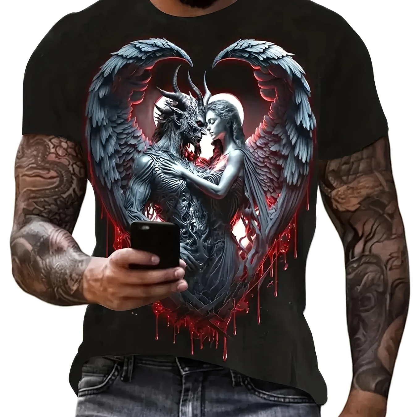 

Skull And Winged Beauty 3d Graphic Print Men's Novelty Short Sleeve Crew Neck T-shirt, Summer Outdoor
