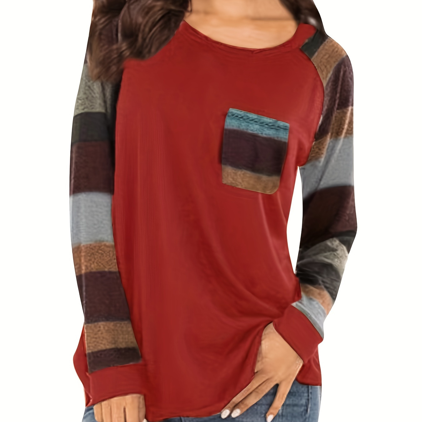 Plus Size Casual T-shirt, Women's Plus Colorblock Stripe Print Long Sleeve Round Neck Slight Stretch T-shirt