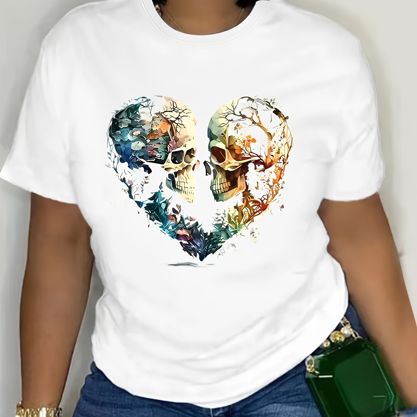 

Plus Size Skull Print T-shirt, Casual Crew Neck Short Sleeve T-shirt, Women's Plus Size Clothing