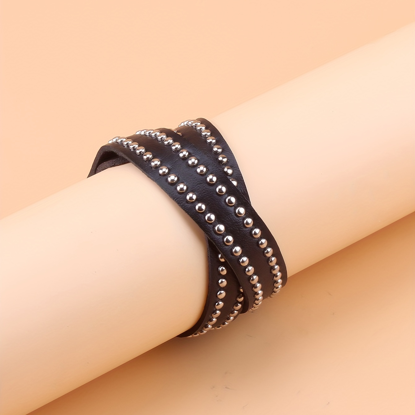 

Simple Double-loop Wrap Small Round Rivet Pu Leather Bracelet For Unisex