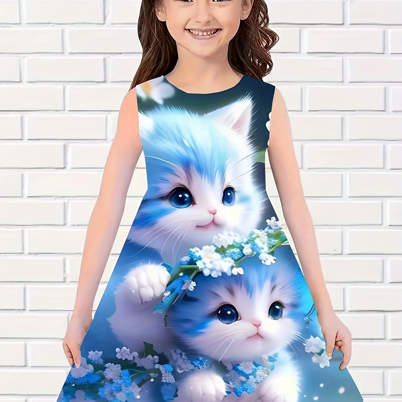 

Girls Adorable Cat Graphic Sleeveless Dress Comfy Cute Dresses For Summer Outdoor