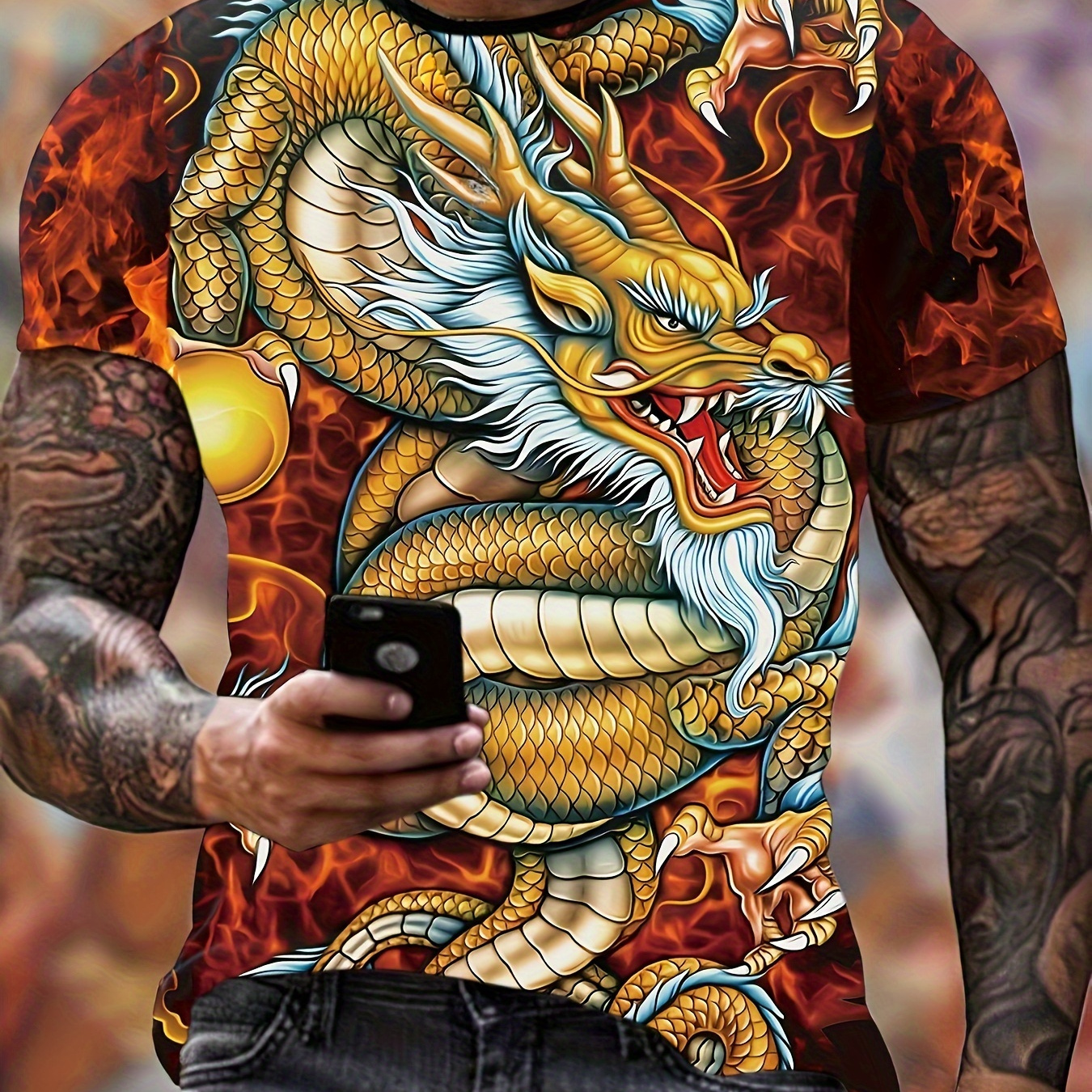 

Dragon Print T-shirt, Men's Casual Street Style Stretch Round Neck Tee Shirt For Summer