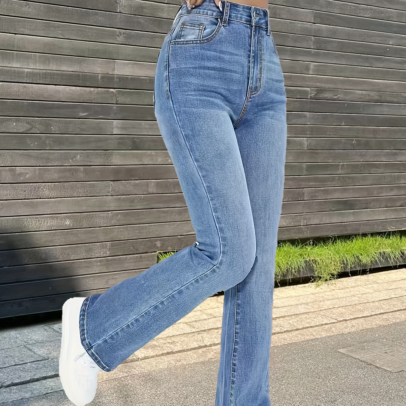

High-waist Stretch Denim Flare Jeans For Women, Elegant Style, Casual Bootcut Pants, Fashionable Daily Wear