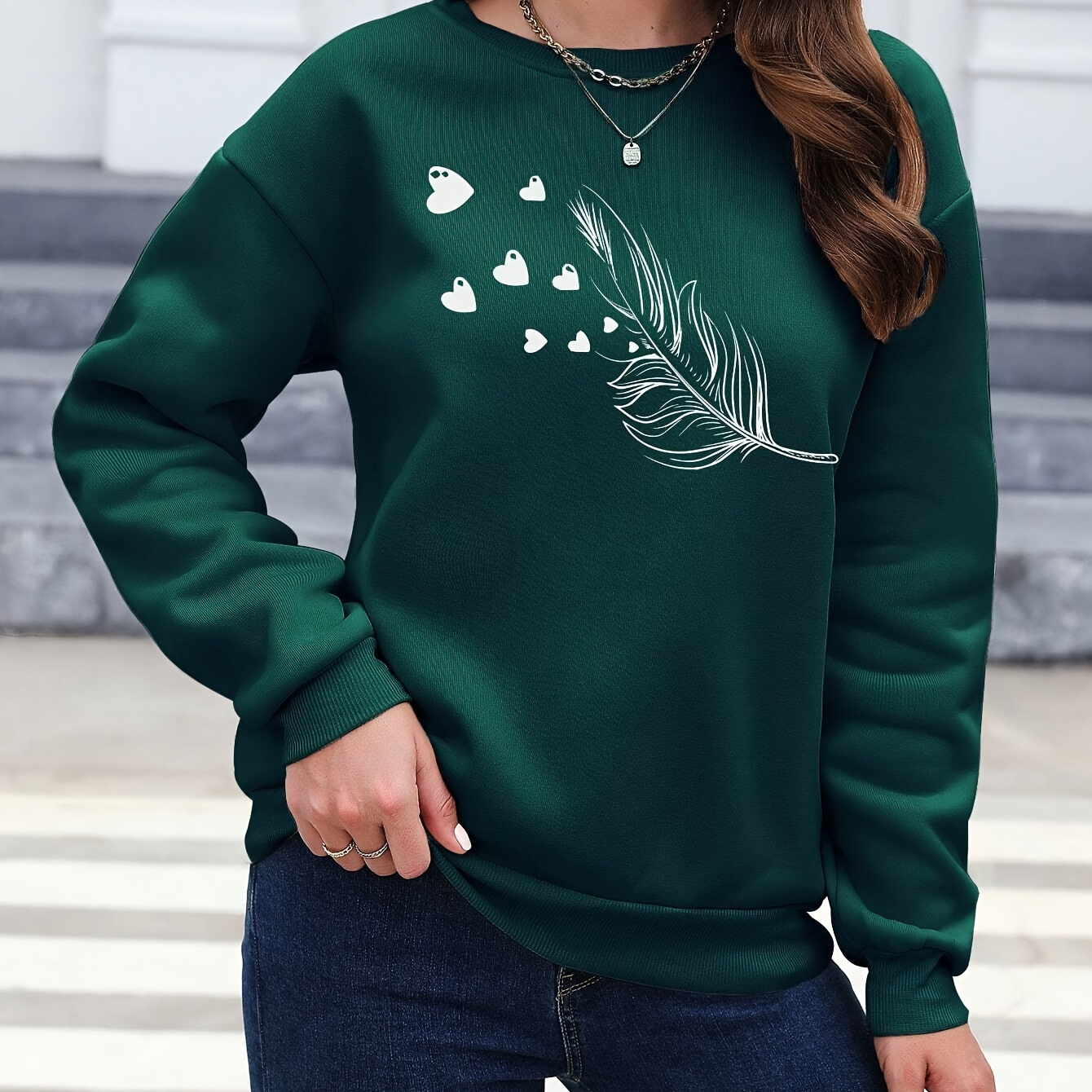 

Women's Fashion Pullover Sweatshirt, Casual Fleece-lined Athletic Top With Crew Neck, Feather Graphic Sportswear Outerwear