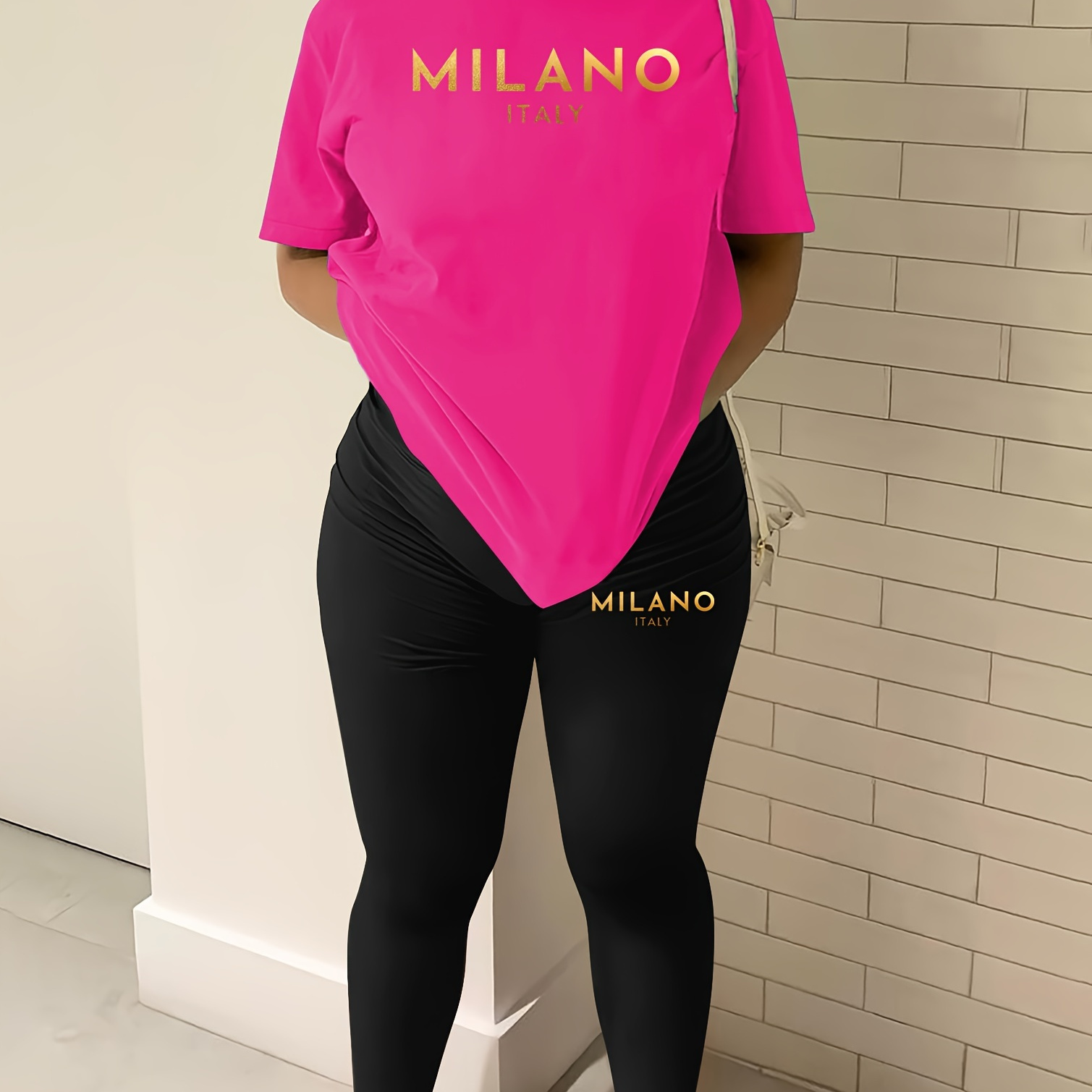 

Milano Print Casual 2 Piece Set, Short Sleeve Crew Neck T-shirt & Leggings Outfits, Women's Clothing