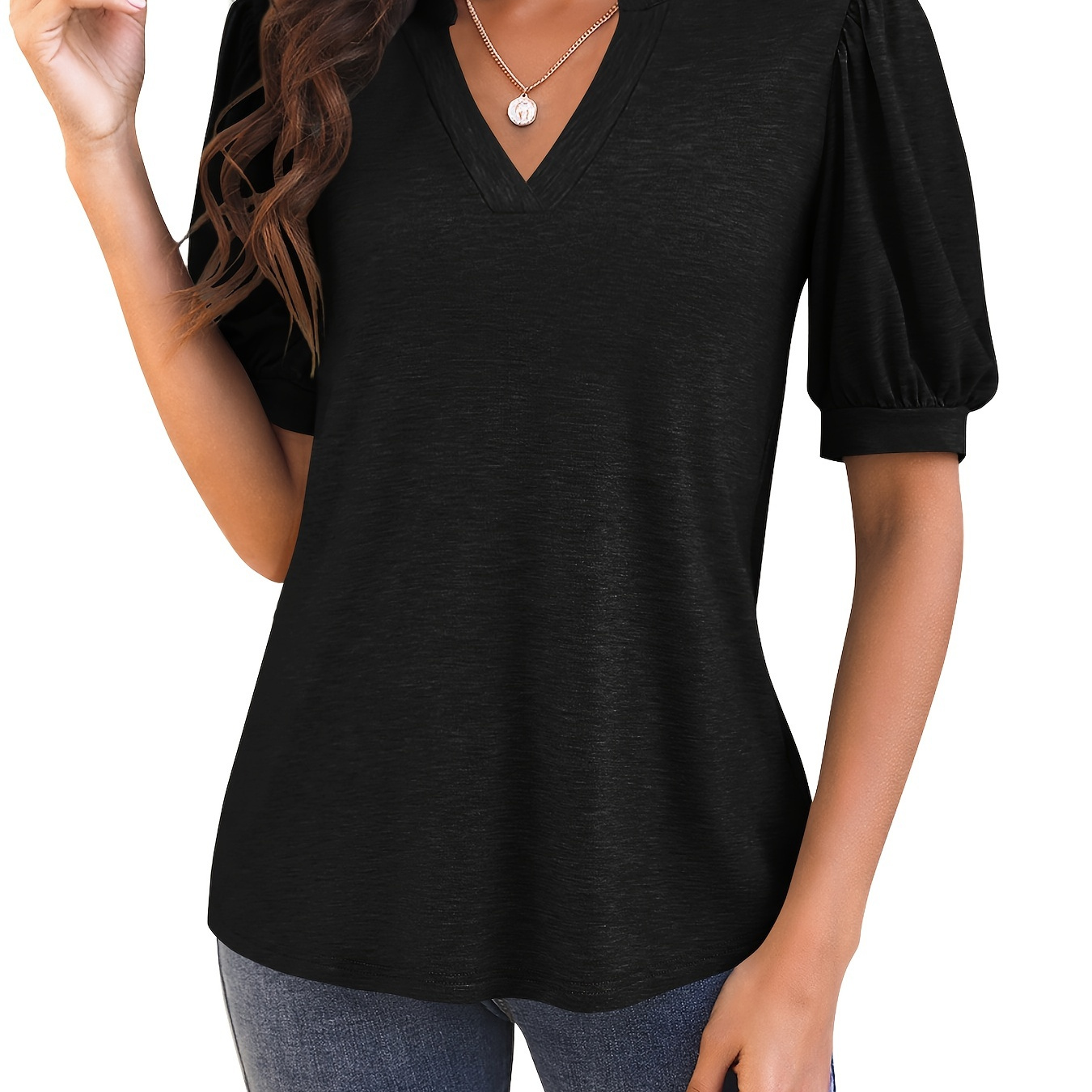 

Solid Puff Sleeve T-shirt, V Neck Short Sleeve T-shirt, Casual Every Day Tops, Women's Clothing