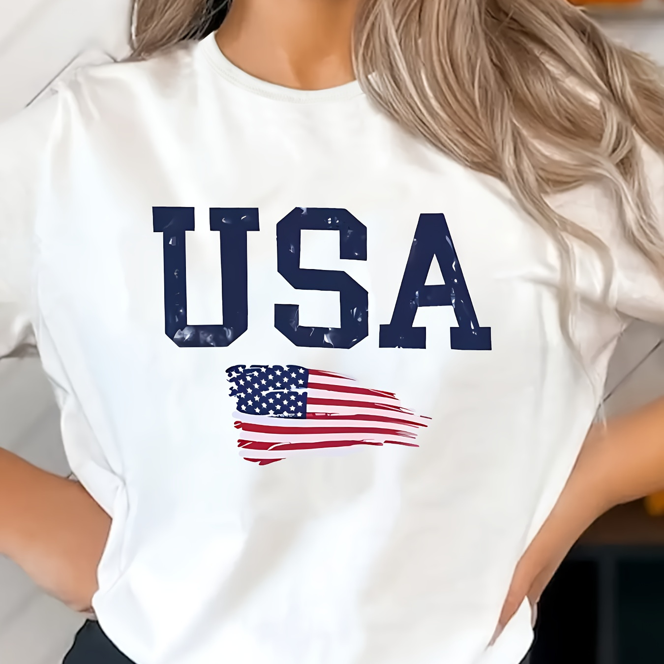 

1pc Women's Patriotic Graphic Casual T-shirt, Usa Flag Print, Fashion Short Sleeve Top, Sporty Style, White Tee, American