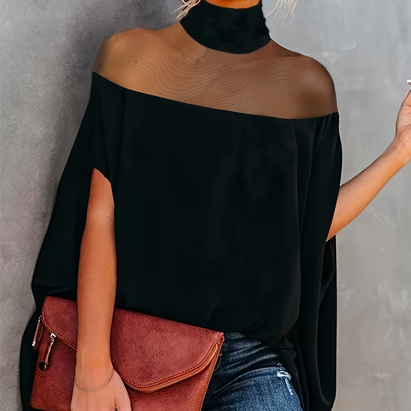 

Chic Black Batwing Sleeve Sheer High-neck Blouse - Sexy Polyester Top For Women, Spring & Nights, Sizes S To Xl, Spring Fashion | Loose Fit Blouse | Polyester Fabric