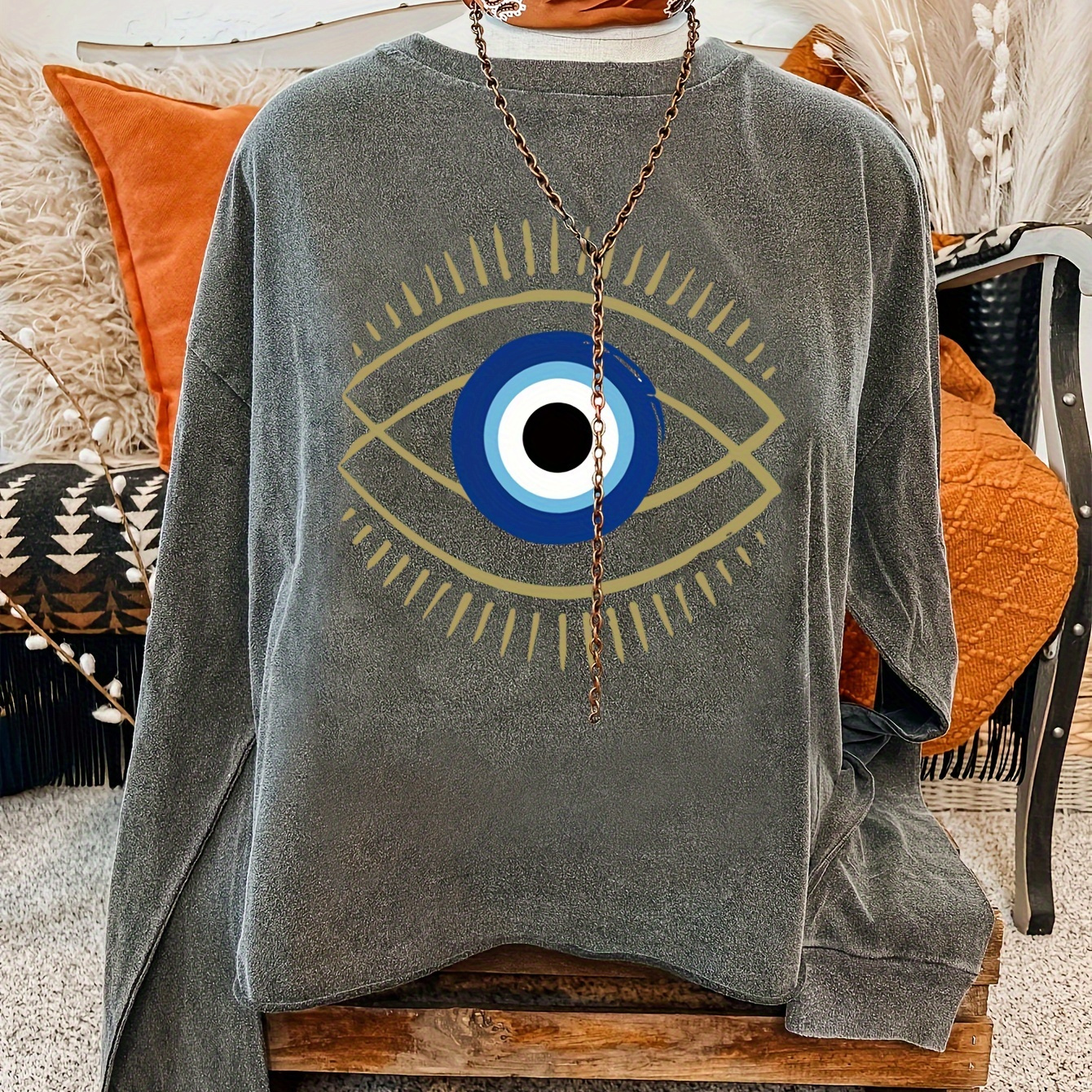 

Evil Eye Print Sweatshirt, Crew Neck Casual Sweatshirt For Fall & Spring, Women's Clothing