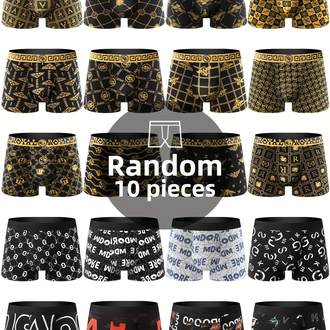 

10pcs Boxer Briefs pour hommes, mélange de polyester et de spandex, tissu tricoté à haute extensibilité, imprimés, sous-vêtements décontractés confortables avec un design .