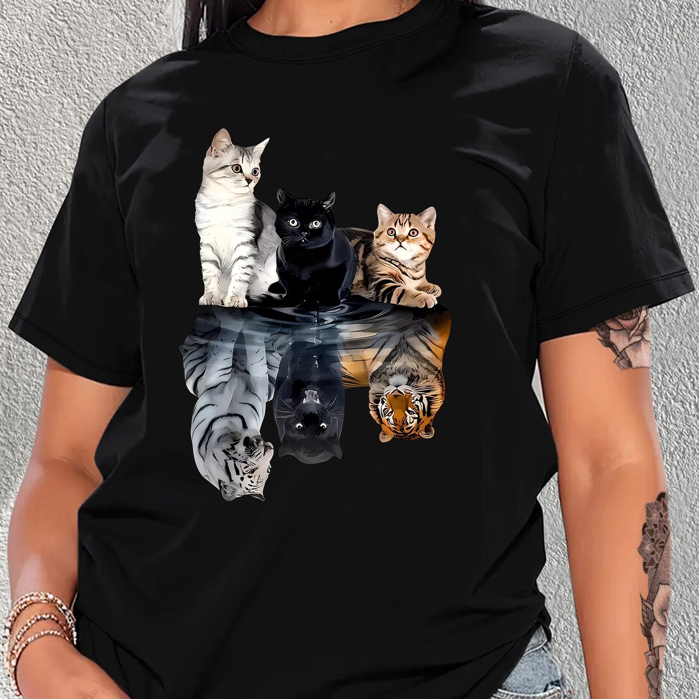 

Women's Casual Fashion T-shirt, Cute Cat And Tiger Print, Round Neck, Short Sleeve, Top