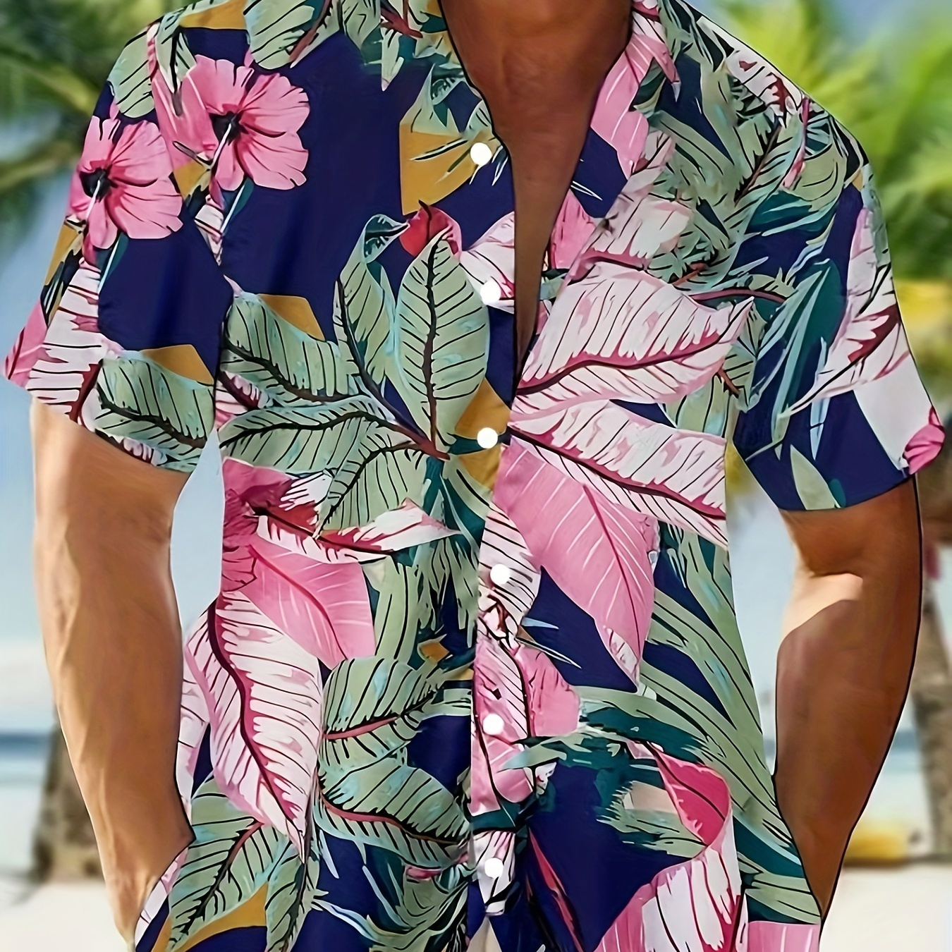 

Colorful Tropical Leaf Pattern Print Men's Short Sleeve Button Up Lapel Shirt For Summer Resort Holiday, Hawaiian Style