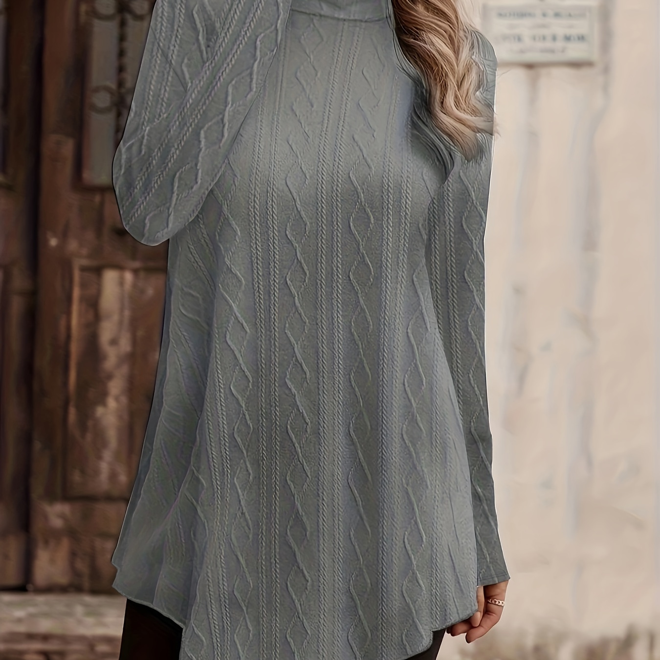

Plus Size Casual Top, Women's Plus Solid Jacquard Long Sleeve High Neck Slight Stretch Tunic Top