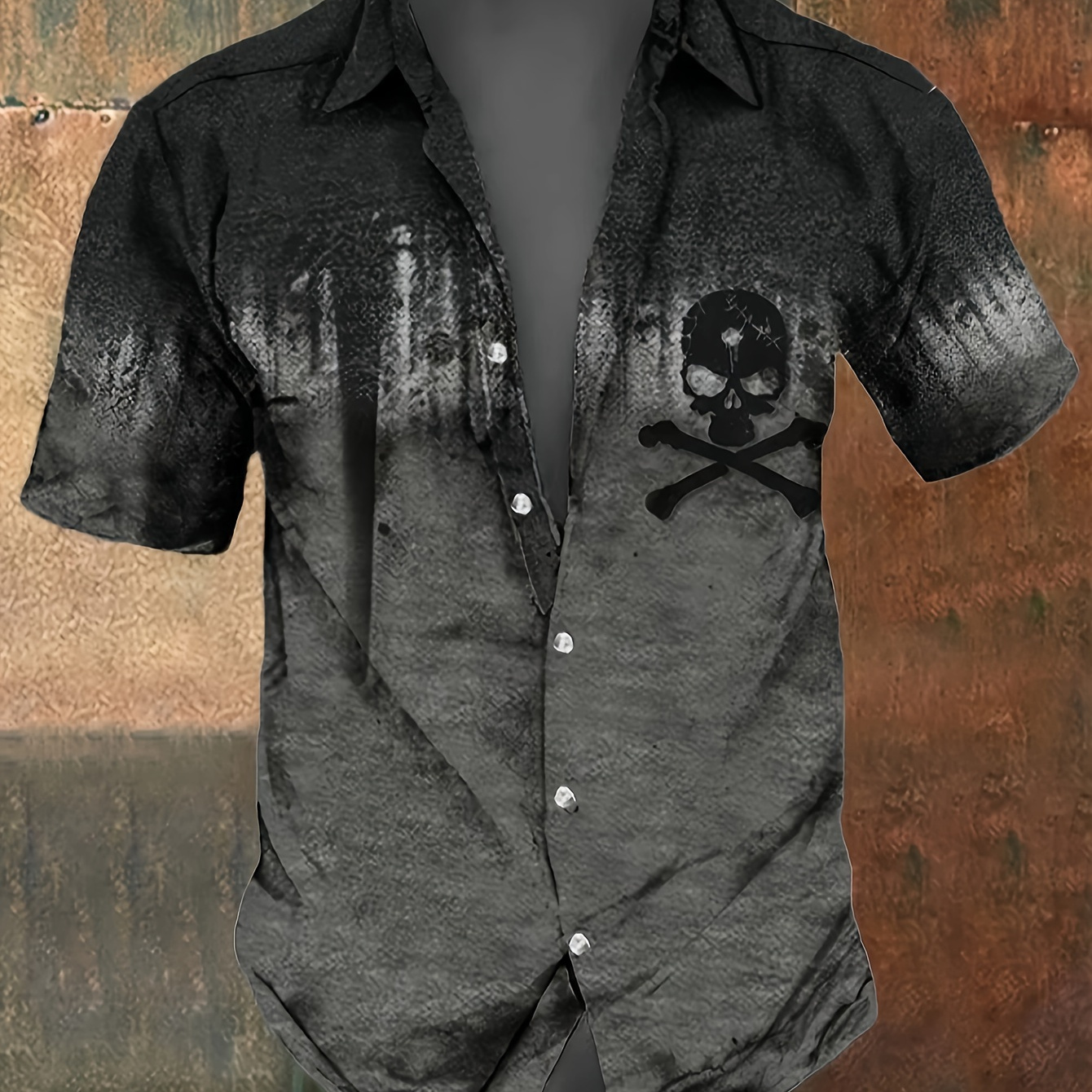 

Men's Casual Skull Print Shirt - Short Sleeve, Button-up, Polyester For Summer Parties & Outdoor Events