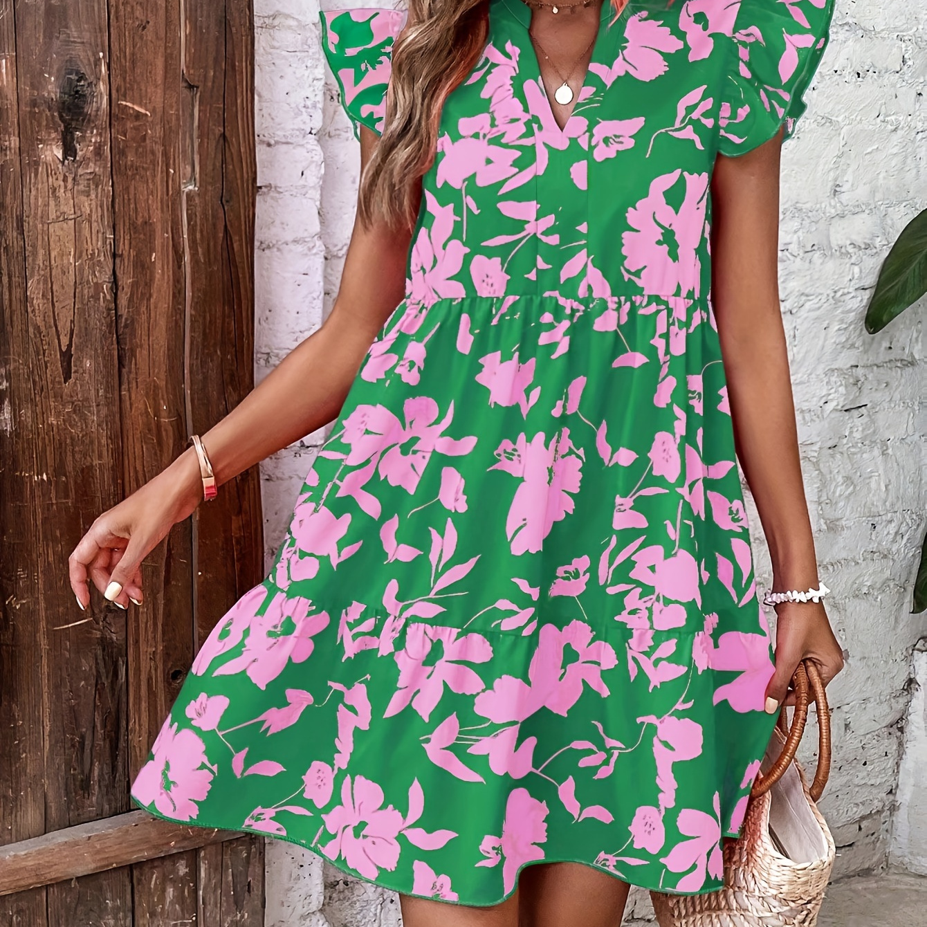 

Floral Print V-neck Dress, Vacation Style Ruffle Sleeve Trapeze Dress For Spring & Summer, Women's Clothing