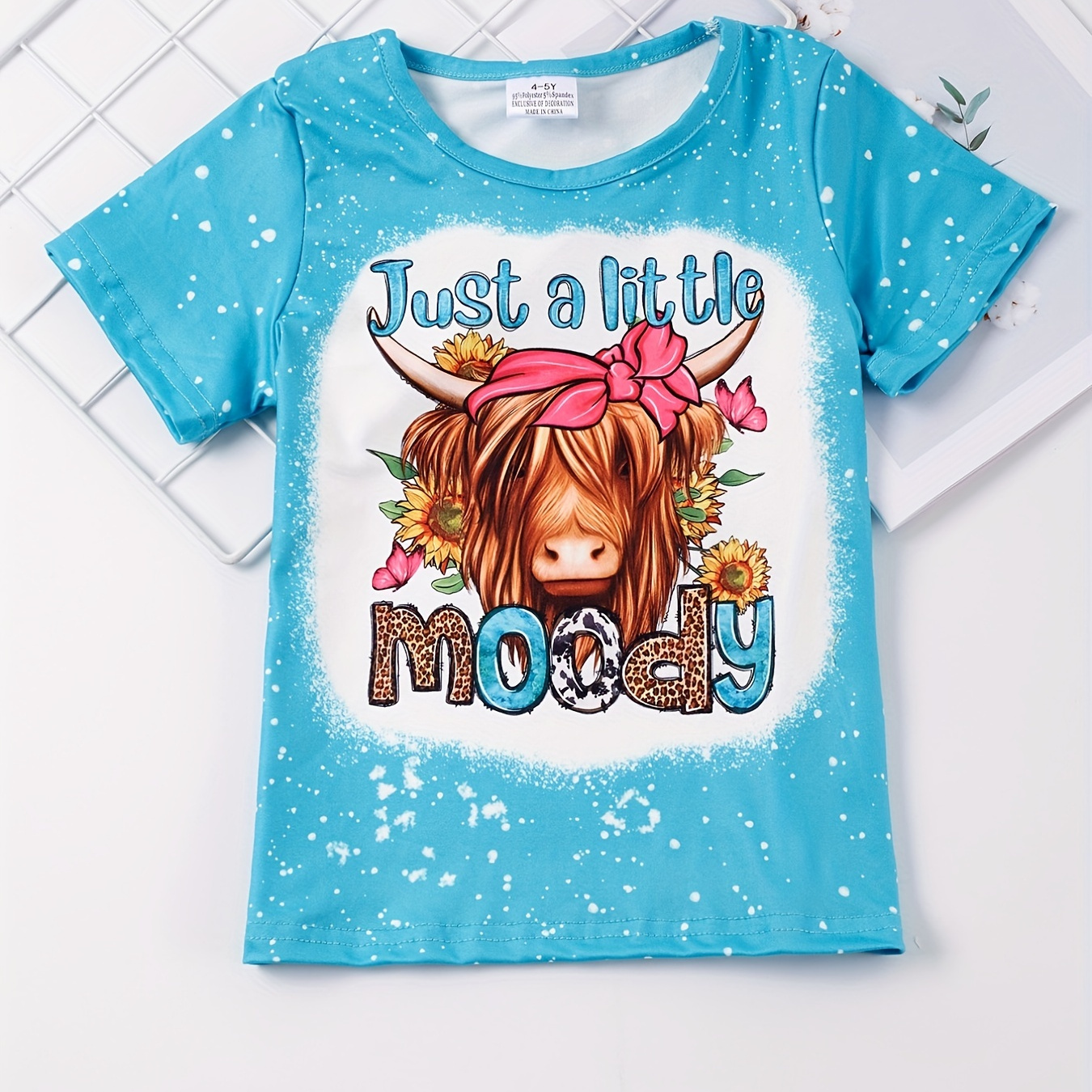 

Toddler Girls Sunflower Cow Head And Letter Graphic T-shirt Casual Round Neck Tees Top Kids Summer Clothes