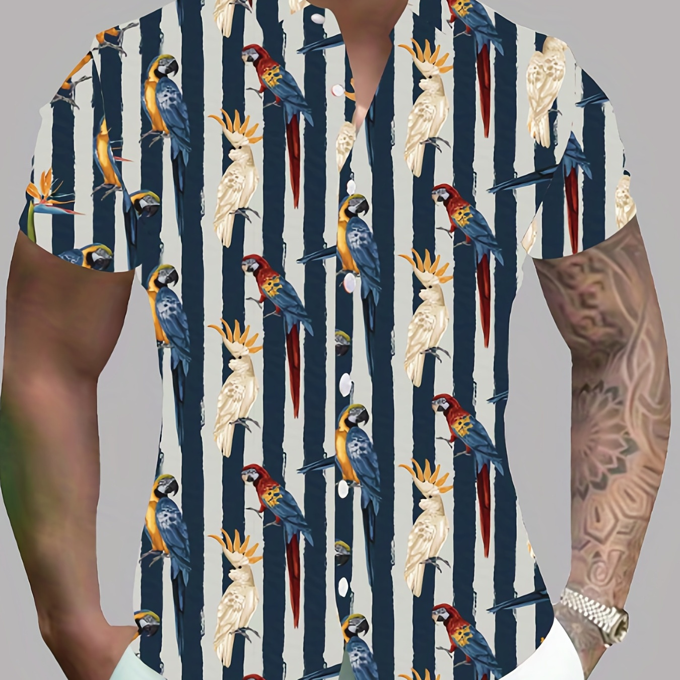 Plus Size Mens Vintage Print Bowling Hawaiian Shirt, Colorful Parrot Pattern Color Block Short Sleeve Button Down Shirt