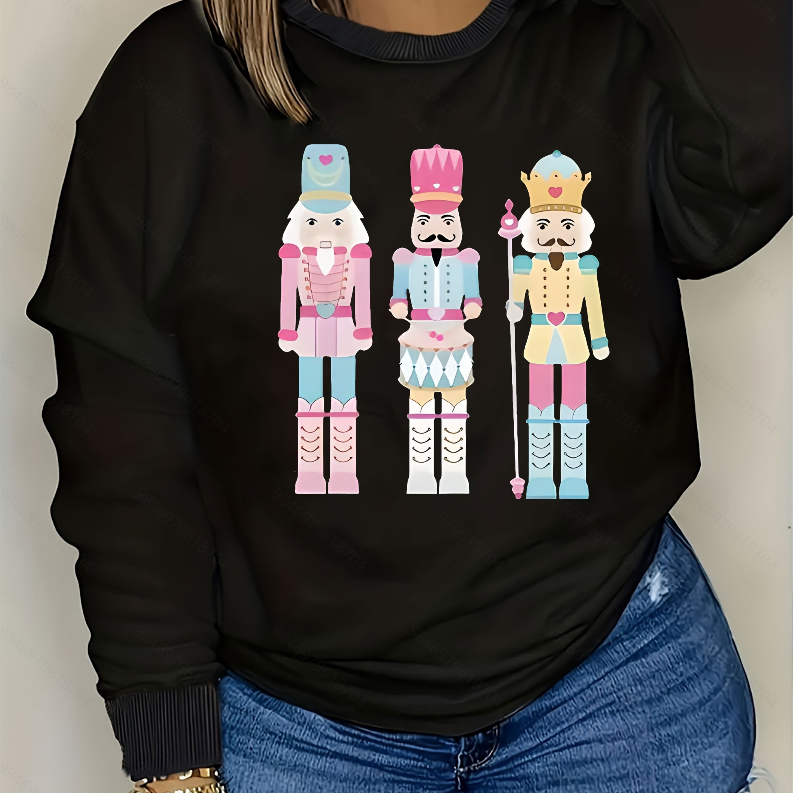 

Plus Size Cartoon Nutcracker Print Sweatshirt - 100% Polyester Knit, Crew Neck Pullover With Slight Stretch, Casual For Fall/winter