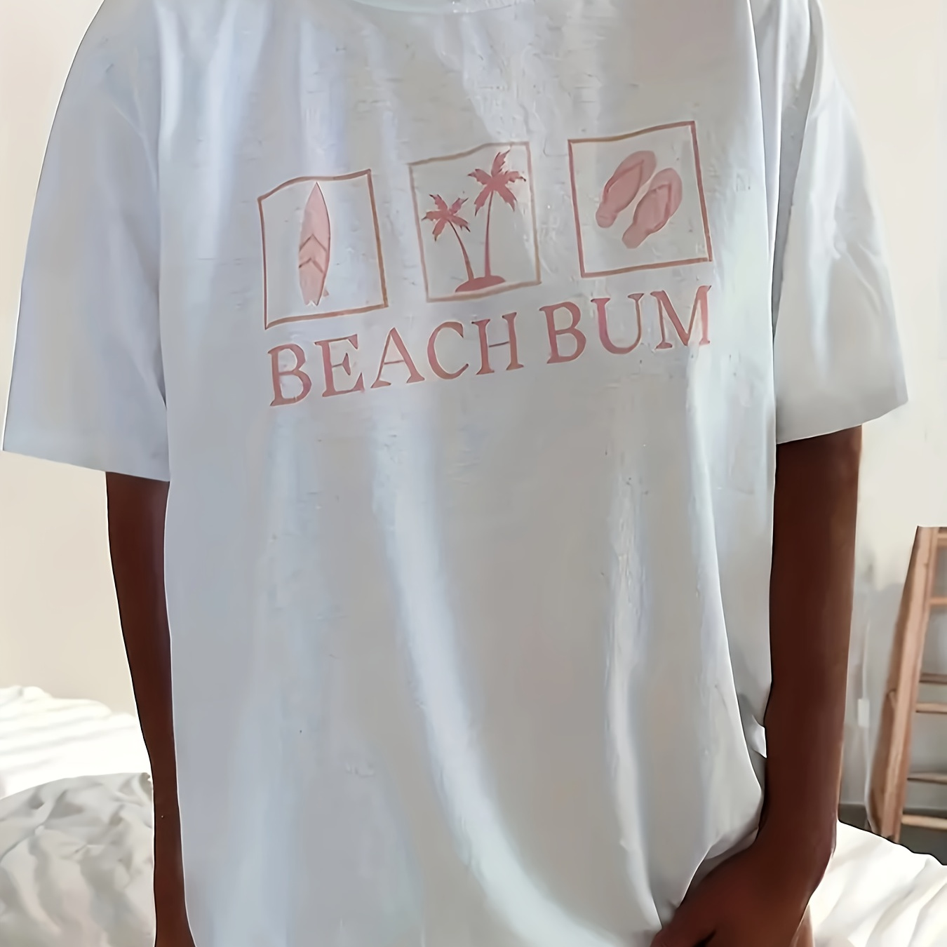 

Beach Bum Print Crew Neck T-shirt, Casual Short Sleeve Loose Top For Spring & Summer, Women's Clothing