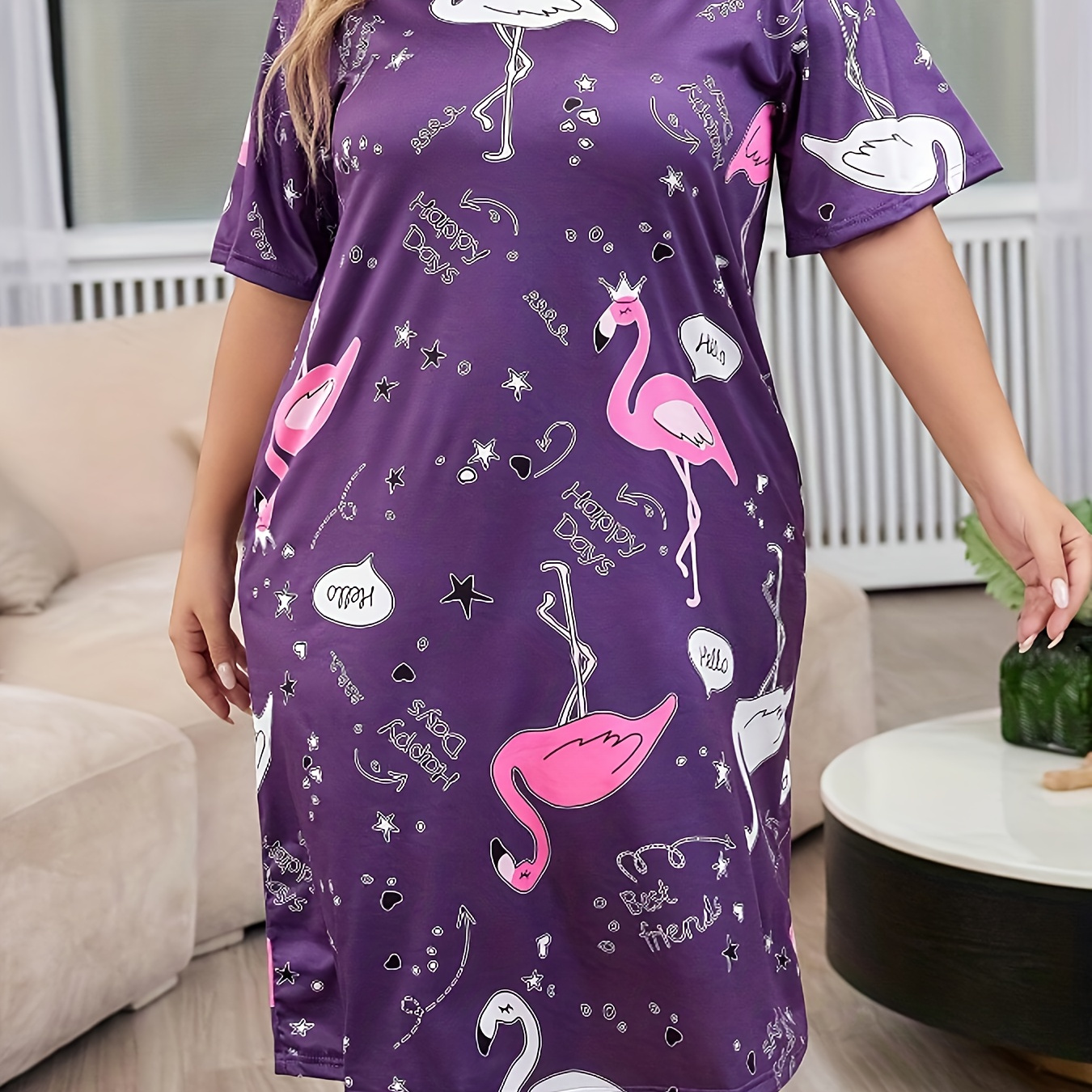 

Women's Plus Casual Sleep Dress, Plus Size Flamingo & Letter Print Short Sleeve Crew Neck Nightdress